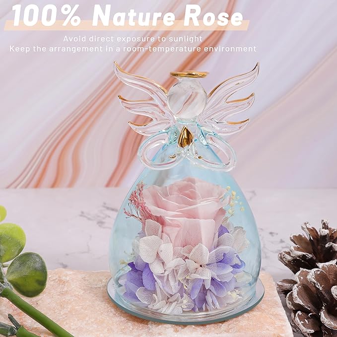 ANLUNOB Preserved Rose Birthday Gifts for Women Mom Grandma Wife, Glass Angel Figurines Gifts with Pretty Flesh Pink Flowers for Anniversary Wedding