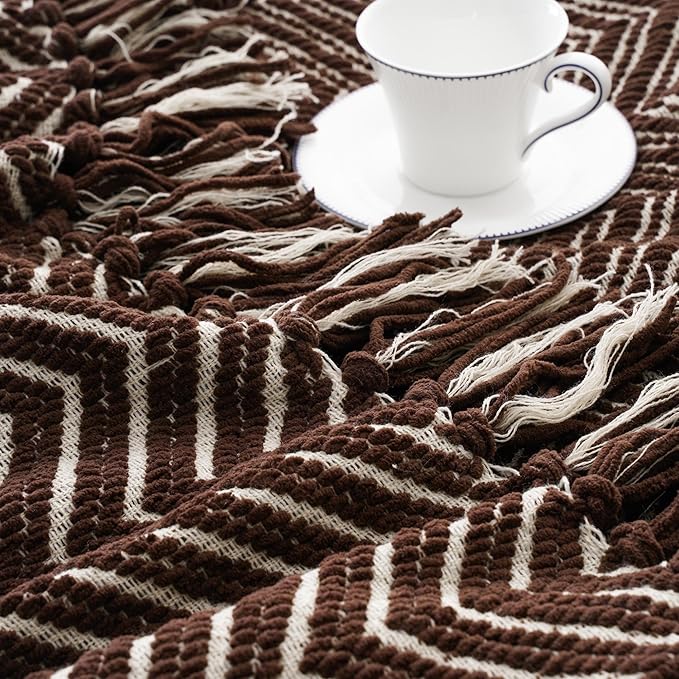 BATTILO HOME Chocolate Brown Throw Blanket for Couch, Decorative Knit Dark Brown Blanket for Bed, Super Soft Warm Throw for Fall Winter Accent Decor, 50''x60'', Chocolate/Cream