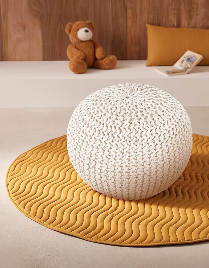 Palisa Round Pouf Ottoman - Ivory, Stuffed Boho Cable Knitted Foot Rest Stool for Couch, Living Room, Outdoor Patio Seat | Hand Woven Chair Pouffs for Kids Bedroom - 20x20x14 Inches