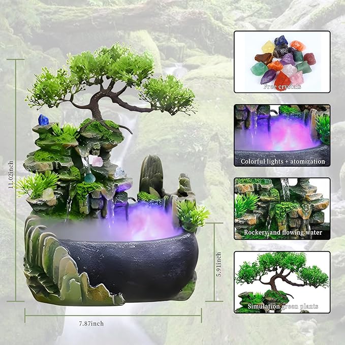 Tabletop Bonsai Tree Fountain with LED Lights, Rock Waterfall and Fog Mist(Free 10 PCS Crystals)