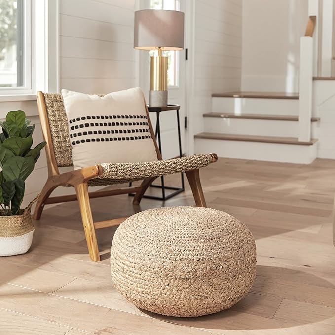 Decor Therapy Round Pouf Ottoman Footrest, Natural Jute Woven, Boho Pouf, Bohemian Style Casual Seating for Living Room, Bedroom, Patio Decor 19"x 19"x 10.5"