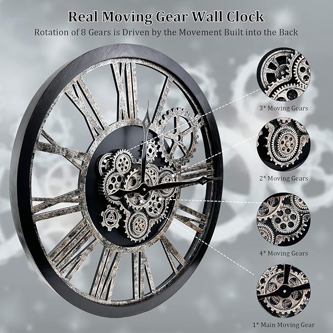 Large Wall Clock, Clocks for Living Room Decor Oversized 30 Inch Wall Decor Farmhouse Vintage Rustic Industrial Roman Big Chic Home Decor Wall Clock for House Bedroom Office, Moving Gears Clock