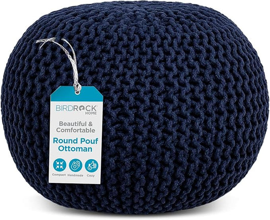 BIRDROCK HOME Round Pouf Ottoman | Cotton Braided Foot Stool with Bean Bag Filling | Boho Foot Rest for Living Room & Bedroom | Compact & Comfortable Seating, Lightweight & Soft | Navy