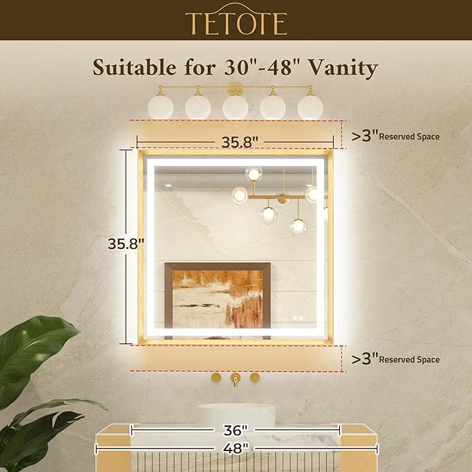 TETOTE Led Bathroom Mirror 36 x 36 with Brushed Black Frame Anti-Fog Frontlit & Backlit Vanity Mirror Stepless Dimmable Lighted Mirrors for Bathroom Wall 3 Colors White/Warm/Natural Wall-Mounted