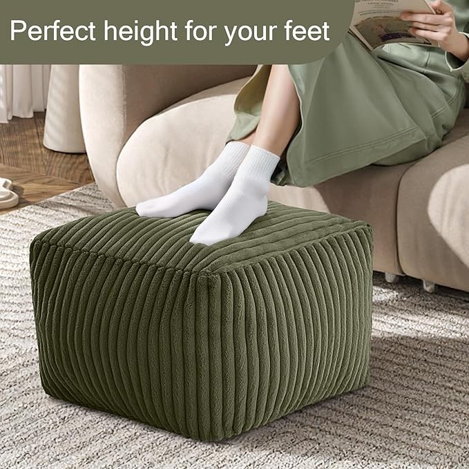 MeMoreCool Square Stuffed Pouf Ottoman Foot Rest, Stripe Furry Floor Pouf Foot Stool with Foam Chunk Filling, Soft Fluffy Stuffed Ottoman Footrest for Living Room, Faux Fur Green
