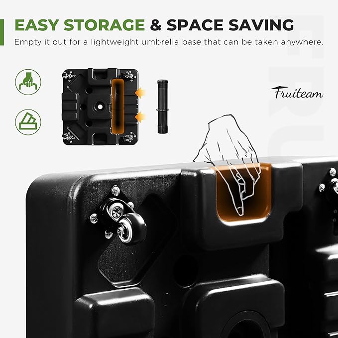 FRUITEAM 155lb Capacity Fillable Portable Umbrella Base with Wheels,Patio Umbrella Base Heavy Duty, Square Market Stand for Patio,Outdoor,Deck w/ 4 Wheels, 2 Locks, 1 Knobs, Wind-Resistant Design