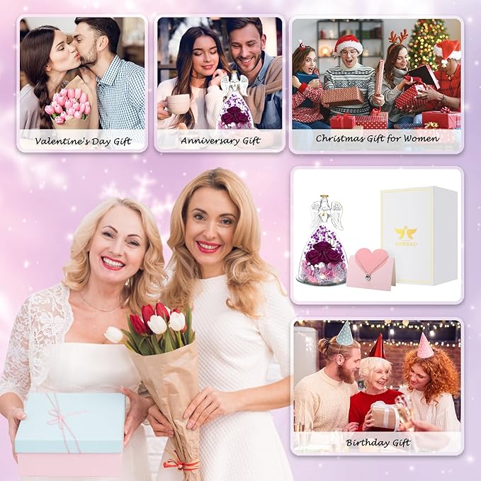 Mothers Day Flower Gifts for Mom,Angel Rose Gifts for Women,Glass Angel Figurine with Preserved Three Purple Roses,Forever Flowers Mothers Day Birthday Gifts for Women Mom Grandma Wife Her