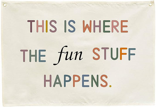Classroom Banner Wall Decor-Teacher Gift-Playroom Poster-Boho Hanging Banner Pennant Flags for Teen Boy Girl Reading Room-Christmas-This is Where The Fun Stuff Happen-28.5x20 Inches