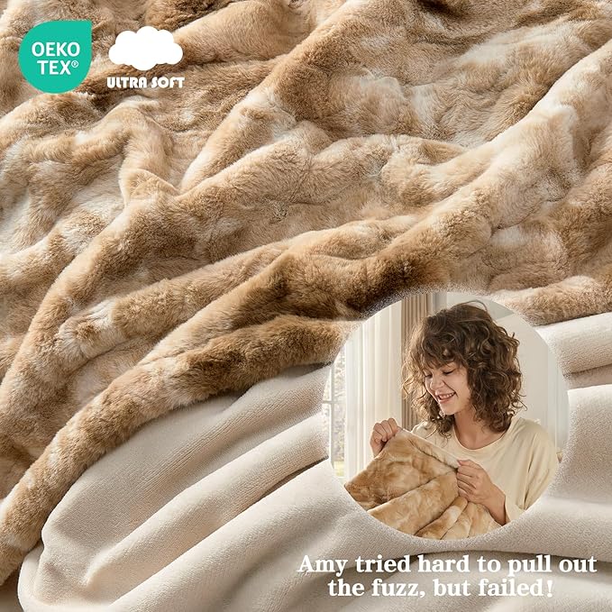 Krifey Faux Fur Blanket for King Size Bed, 3D Texture Soft Cozy Fuzzy Plush Warm Blanket, Christmas Birthday Gifts for Women Mom Girlfriend Men, Room Decor, Marbled Beige, 108x90in