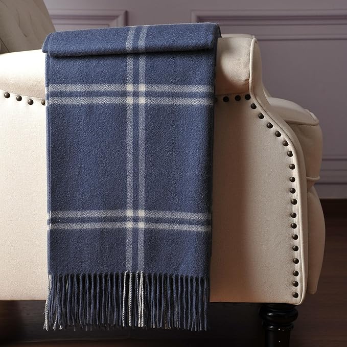 CUDDLE DREAMS Premium Cashmere Throw Blanket with Fringe, Luxuriously Soft (Plaid Blue)
