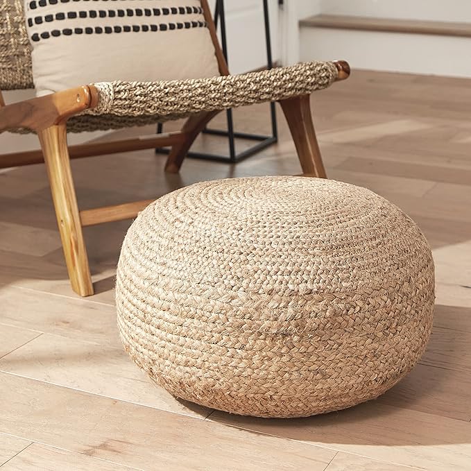 Decor Therapy Round Pouf Ottoman Footrest, Natural Jute Woven, Boho Pouf, Bohemian Style Casual Seating for Living Room, Bedroom, Patio Decor 19"x 19"x 10.5"