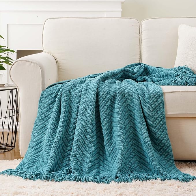 BATTILO HOME Teal Throw Blanket for Couch, Knit Woven Turquoise Blankets Versatile for Chair, Super Soft Warm Decorative Green Blanket with Tassels for Bed Sofa, 50"x60"