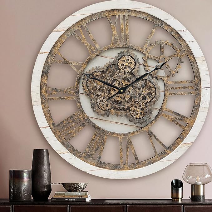 HOIBAI Large Wall Clock, Wall Clocks for Living Room Decor 20 Inch Farmhouse Vintage Rustic Kitchen Wall Decor Vintage Roman Oversized Wall Clock for Home Bedroom House Office, Moving Gears Clock