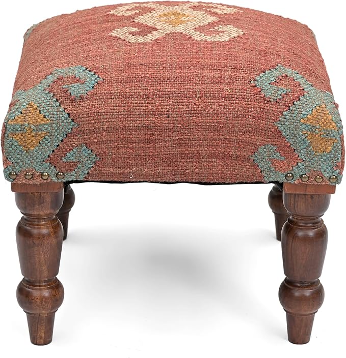 Handmade Jute Soft Ottomans Square Shape Stool for Sitting and Foot Rest with Wooden Legs, Entryway Modern Stool for Living Room, Bedroom, Hall (Red, L 15.74 x W 15.74 x H 14 inch)