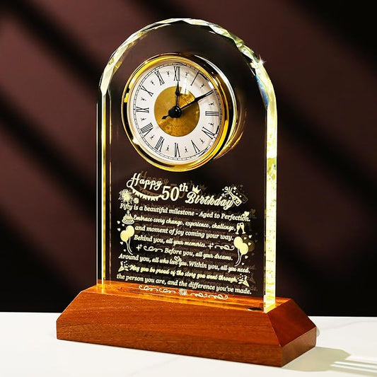 Happy 50th Birthday Glass Clock Gifts for Women, Men - 50 Year Old Birthday Gift with Wooden Light Base for Her Him, Turning 50 Quartz Clock Gift Idea for Mom Dad Unique Decoration