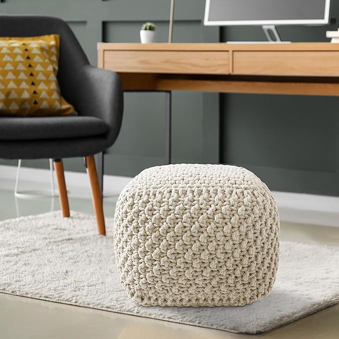 Casafield Square Pouf Ottoman, Natural - 18.5" W x 18.5" D x 14.5" H Cotton Knit Foot Stool - Boho Floor Pouffe for Living Room, Bedroom, Home Office