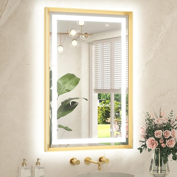 TETOTE 24 x 36 Bathroom LED Mirror Brushed Gold Metal Frame Frontlit & Backlit Anti-Fog Stepless Dimmable 3 Colors White/Warm/Natural Mirror with Lights Wall-Mounted