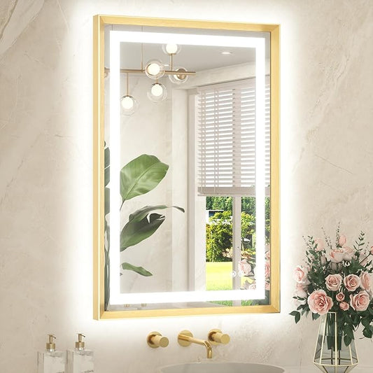 TETOTE 24 x 36 Bathroom LED Mirror Brushed Gold Metal Frame Frontlit & Backlit Anti-Fog Stepless Dimmable 3 Colors White/Warm/Natural Mirror with Lights Wall-Mounted