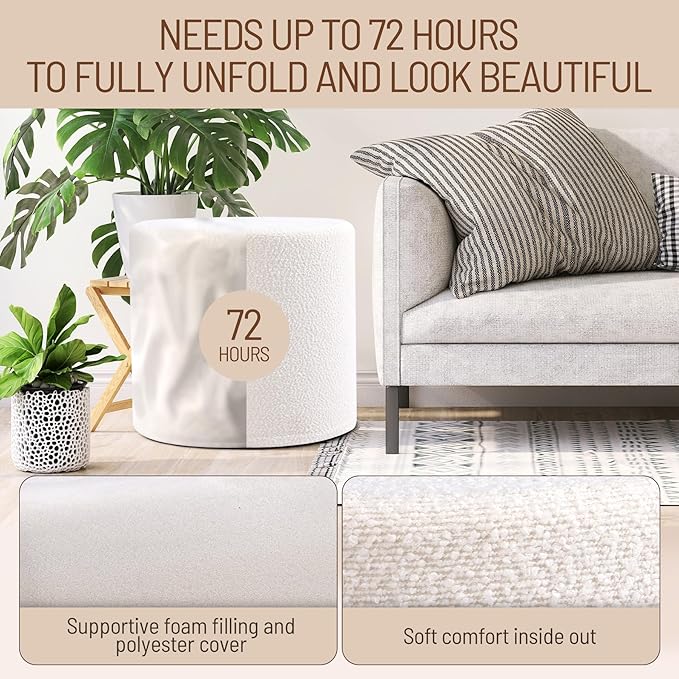 Round Pouf Ottoman and Foot Rest, Soft Boucle Footstool Ottomans for Living Room, Comfort Sponge Stuffed Poofs for Couch Desk Resting Your Feet, White(17.1" D x 17.1" W x 14" H)