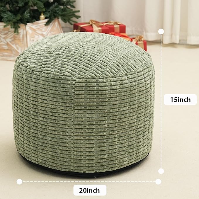 Round Stuffed Pouf Ottoman for Foot Rest, Storage Ottoman Pouf Foot Stool Cushion, Faux Fur Poufs with Foam Chunk Filling, 20 X 15 Inch Floor Chair for Living Room Bedroom Home Decor, Green