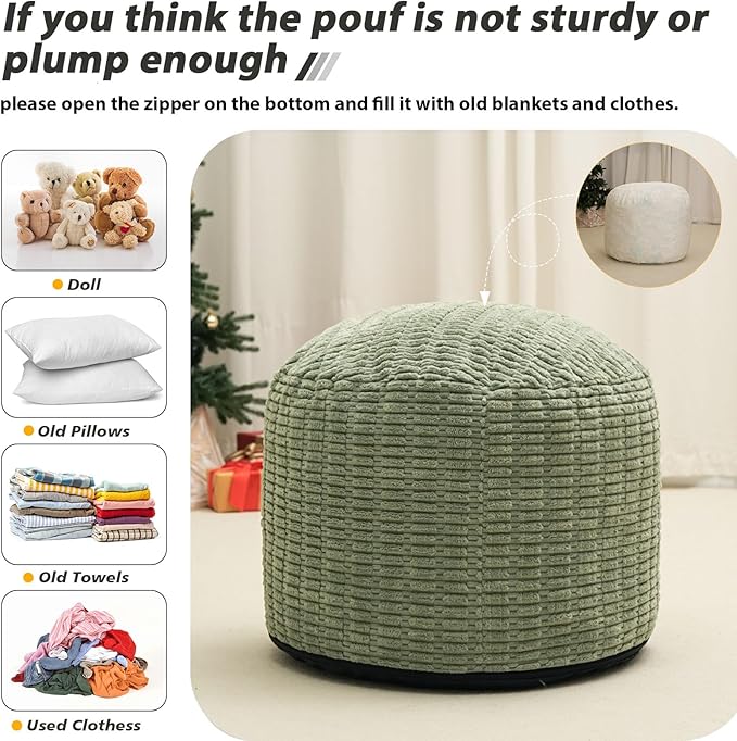 Round Stuffed Pouf Ottoman for Foot Rest, Storage Ottoman Pouf Foot Stool Cushion, Faux Fur Poufs with Foam Chunk Filling, 20 X 15 Inch Floor Chair for Living Room Bedroom Home Decor, Green