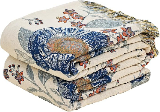 Boho Throw Blanket, 100% Organic Cotton Breathable Ultra Soft Bed Quilt Throw - All Season Floral Bird Butterfly Farmhouse Decor Blanket for Sofa Couch Chair and Gift. 80" x 90"