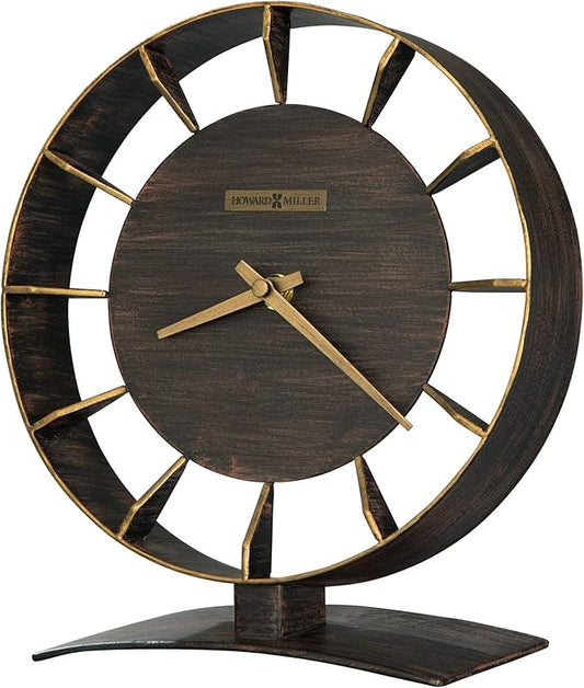 Howard Miller Rey Mantel Clock – Modern Metal Mantel Clock, Antique Gold Accents, Brown Finish, Open Frame Wedge Hour Markers, Battery Operated Quartz Movement, Perfect for Contemporary Home Décor