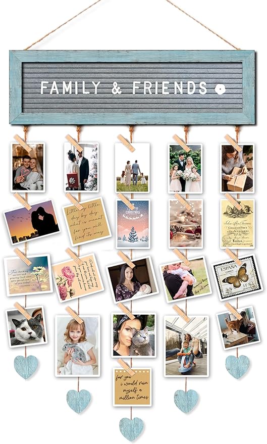 Buecasa Slotted Felt Board with 340 Letters and 30 Clips - Farmhouse Picture Frames Collage Wall Plaque - Multi Photos Cards Organizer 15.7x5 Inches (Teal)