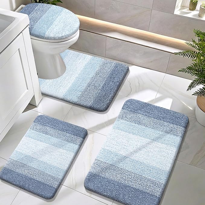 OLANLY Bathroom Rugs Sets 4 Piece, Soft Microfiber Absorbent Bath Mat, U-Shaped Contour Toilet Mat and Toilet Lid Cover, Quick Dry, Machine Washable, Toilet Cover and Rug Set for Bathroom, Blue
