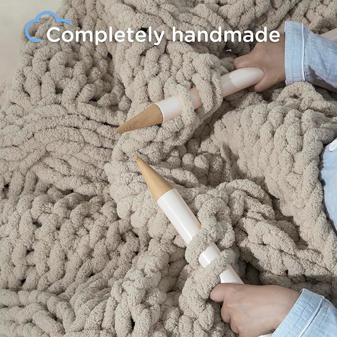 Chunky Knit Blanket Throw - 100% Hand Knitted Chunky Soft Throw Blanket for Couch, Thick and Warm for Winter, Linen, 40x50 Inches