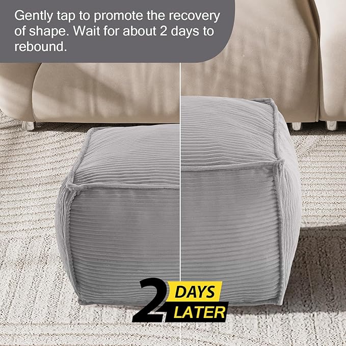 MeMoreCool Square Stuffed Pouf Ottoman Foot Rest, Corduroy Floor Pouf Foot Stool with Foam Chunk Filling, Soft Stuffed Ottoman Footrest for Living Room, Light Grey