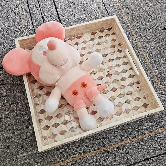 I-lan 12 Inch Mother of Pearl Square Serving Trays with Handles and 2”Wall, Large Brown Ottoman Tray with Rhombus Inlay Nacre, Decorative Lacquer Wooden Shell Tray for Food, Catering, Display, XS-12