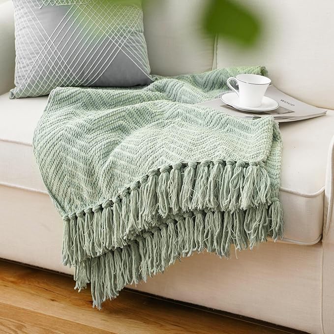 BATTILO HOME Sage Green Throw Blanket for Couch, Knit Sage Throw Blanket Versatile for Couch, Super Soft Warm Spring Blanket for Bed Sofa, 50"x60"