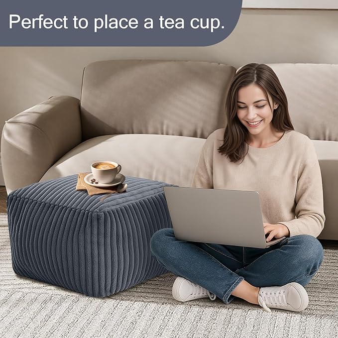 MeMoreCool Square Stuffed Pouf Ottoman Foot Rest, Stripe Furry Floor Pouf Foot Stool with Foam Chunk Filling, Soft Fluffy Stuffed Ottoman Footrest for Living Room, Faux Fur Grey