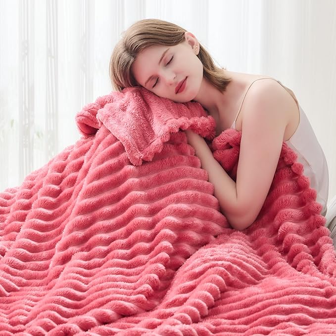 NEWCOSPLAY Super Soft King Blanket Coral Pink Premium Silky Flannel Fleece 3D Ribbed Jacquard Lightweight Bed Blanket All Season Use (Coral Pink Ribbed, King(90"x110"))