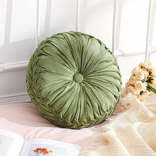 1 Pcs Round Throw Pillows Decorative Velvet Pleated Throw Pillows 15'' Diameter Accent Pumpkin Boho Chair Cushion for Couch Sofa Chair Bed Home Decoration (Green)