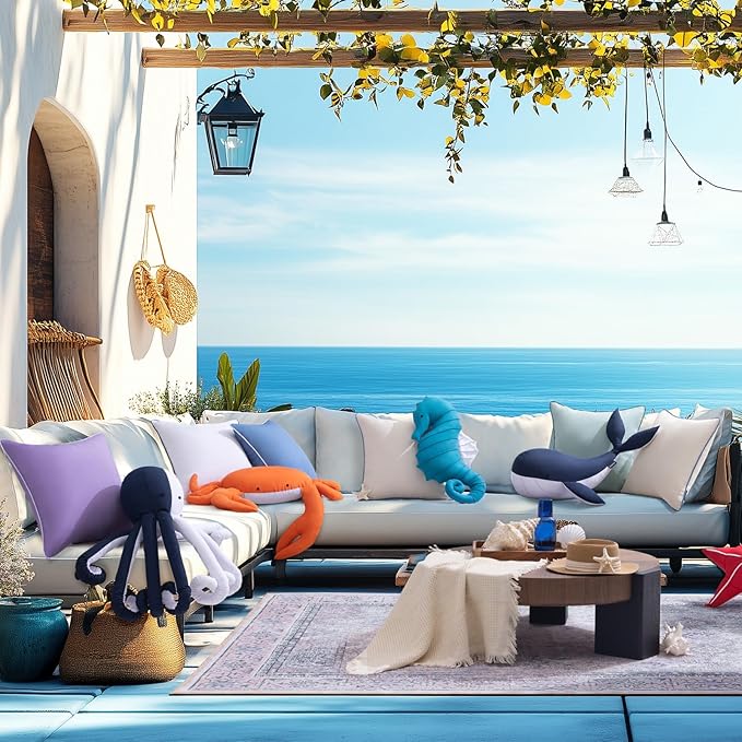 Phantoscope Outdoor Octopus Shaped Throw Pillow, Decorative Waterproof Pillows for Outdoor Patio Furniture, Beach Cushion Pillows, Blue and White 29.5 x 8 Inches