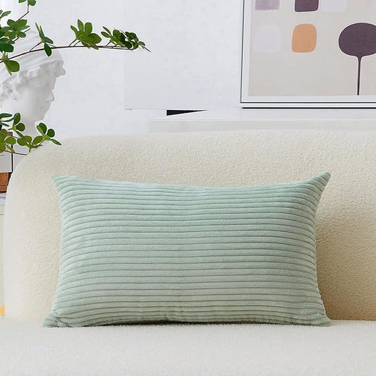 Home Brilliant Decorative Spring Pillow Cover Rectangle Lumbar Striped Corduroy Solid Oblong Pillowcase for Sofa Kids Toddler Decor Sage Green, 12 x 20, Mint
