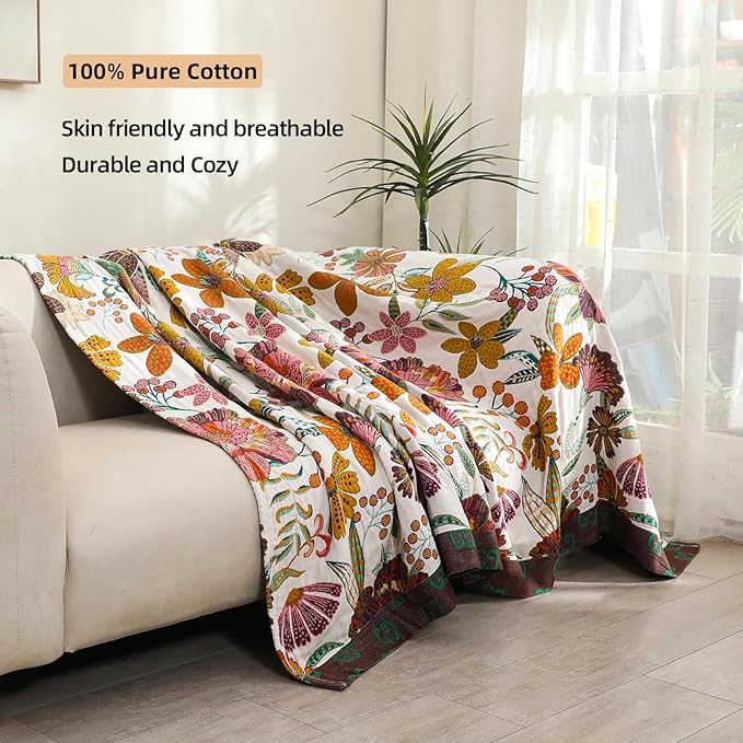 King Boho Throw Blanket for Bed, 100% Cotton Muslin Soft Throw-Floral Farmhouse Rustic Decor Blanket for Couch Sofa Quilt and Gift, 91" x 98"-BeigeWhite