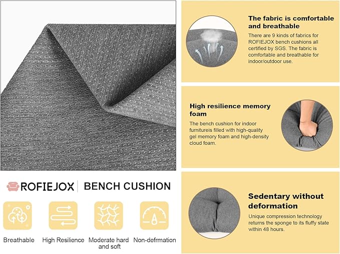 Bench Cushion 42 Inch - Polyester Brushed, High-Density Foam, Non-Slip Bottom, Soft Durable Indoor Tufted Long Seat Cushion for Window Garden Furniture (Dark Gray, 42x16x4 Inch)