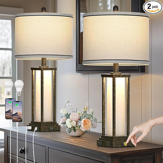 27" Tall Vintage Table Lamp Set of 2 with USB C+A & Outlet,Bronze Industrial End Table Lamp for Living Room,Farmhouse Rustic Bedside Lamps with Frosted Glass Night Light for Bedroom Nightstand,Bronze