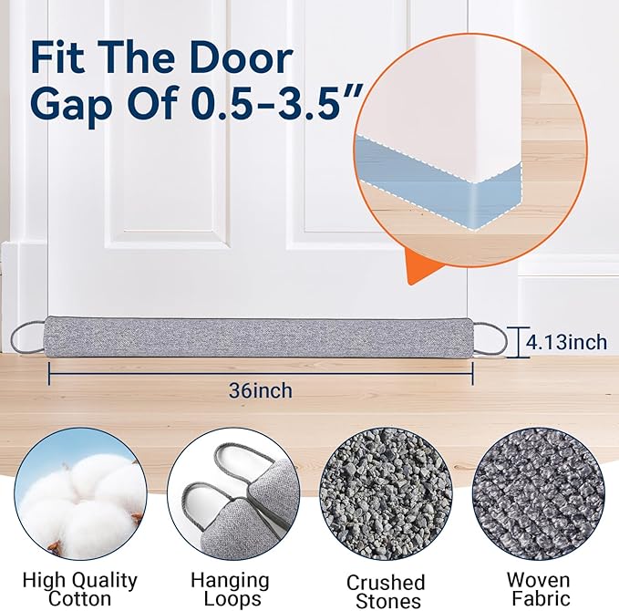 Door Draft Stopper for Bottom of Door, 36’’ Heavy Duty Under Door Draft Blocker Gap Filler, Door Seal for Noise Light Cold Air, with Adhesive Strips, Dark Gray