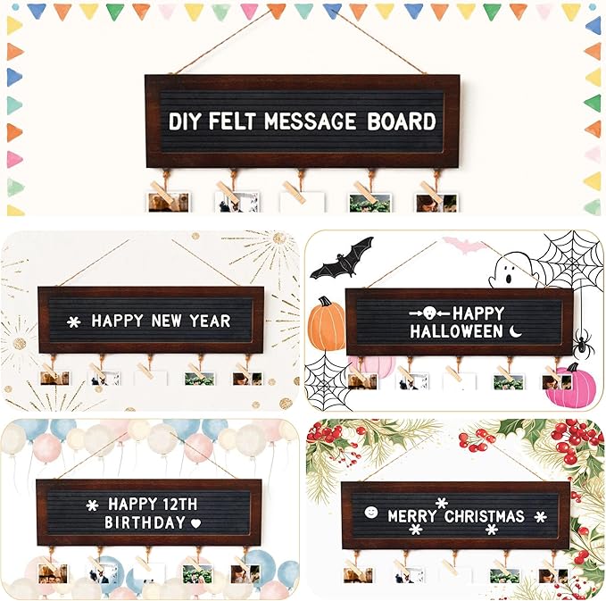 Felt Letter Board with 340 Letters and 30 Clips - Rustic Picture Frames Collage Wall Decor Sign - Multi Photos Cards Organizer 15.7x5 Inches (Walnut)