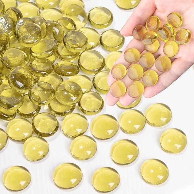 Glass Marbles, 0.97 LB Transparent and Smooth Flat Glass Beads for Vases, Mosaic Gem Pebbles for Aquarium Decor, Floral Arrangements, Mancala Stones, Vase Filler and Crafts, Yellow