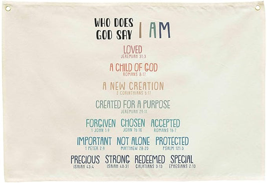 Religious Decor Scripture Bible Verse Poster Inspirational Christian Baptism Gifts for Baby Kids Baby Shower Birthday Christmas Gift Rectangular Banner Flag Sign Wall Decor Who Does God Say I Am