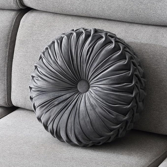 1 Pcs Round Throw Pillow Velvet Home Decoration Pleated 3D Pumpkin Pillow Cushion for Couch Chair Bed Car 14.17" (Smoke Gray)