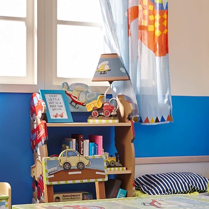 Fantasy Fields Kids Small Table Lamp, Truck Lamp, Car Lamp for Boys Room with Construction Truck Base & Helicopter Printed Shade, Transportation Themed