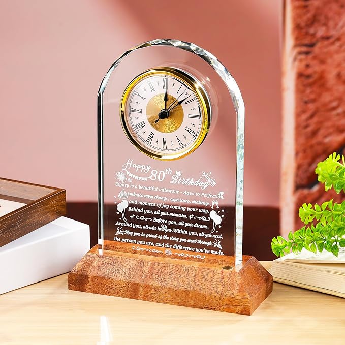 Happy 80th Birthday Glass Clock Gifts for Women, Men - 80 Year Old Birthday Gift with Wooden Light Base for Her Him, Turning 80 Quartz Clock Gift Idea for Mom Dad Unique Keepsake