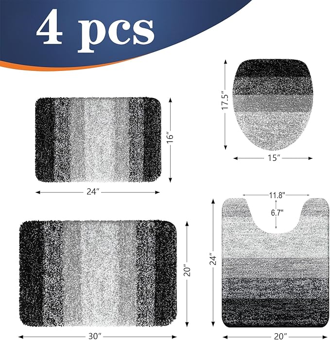 OLANLY Bathroom Rugs Sets 4 Piece, Soft Microfiber Absorbent Bath Mat, U-Shaped Contour Toilet Mat and Toilet Lid Cover, Quick Dry, Machine Washable, Toilet Cover and Rug Set for Bathroom, Black