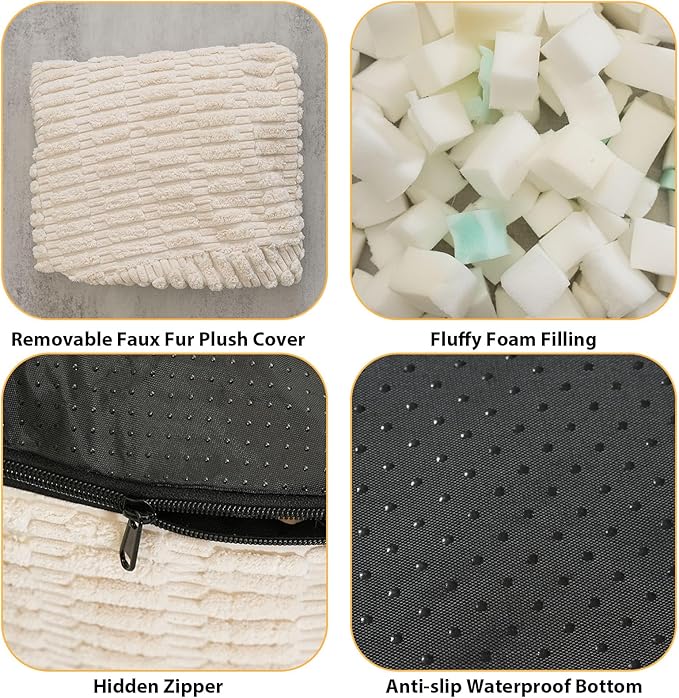 Round Stuffed Pouf Ottoman for Foot Rest, Storage Ottoman Pouf Foot Stool Cushion, Faux Fur Poufs with Foam Chunk Filling, 20 X 15 Inch Floor Chair for Living Room Bedroom Home Decor, Beige